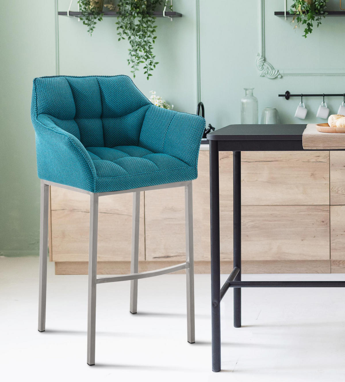 BARHOCKER 2er Set Stoff türkis - Türkis/Edelstahlfarben, Textil/Metall (64/110/48cm) - CLP