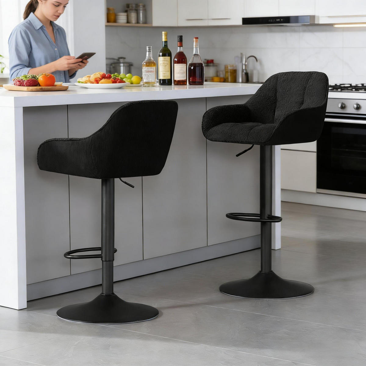 BARHOCKER 2er-Set Schwarz Höhenverstellbar & Drehbar mit Chenille - Schwarz, Metall (50/109/52cm) - PANGIVO