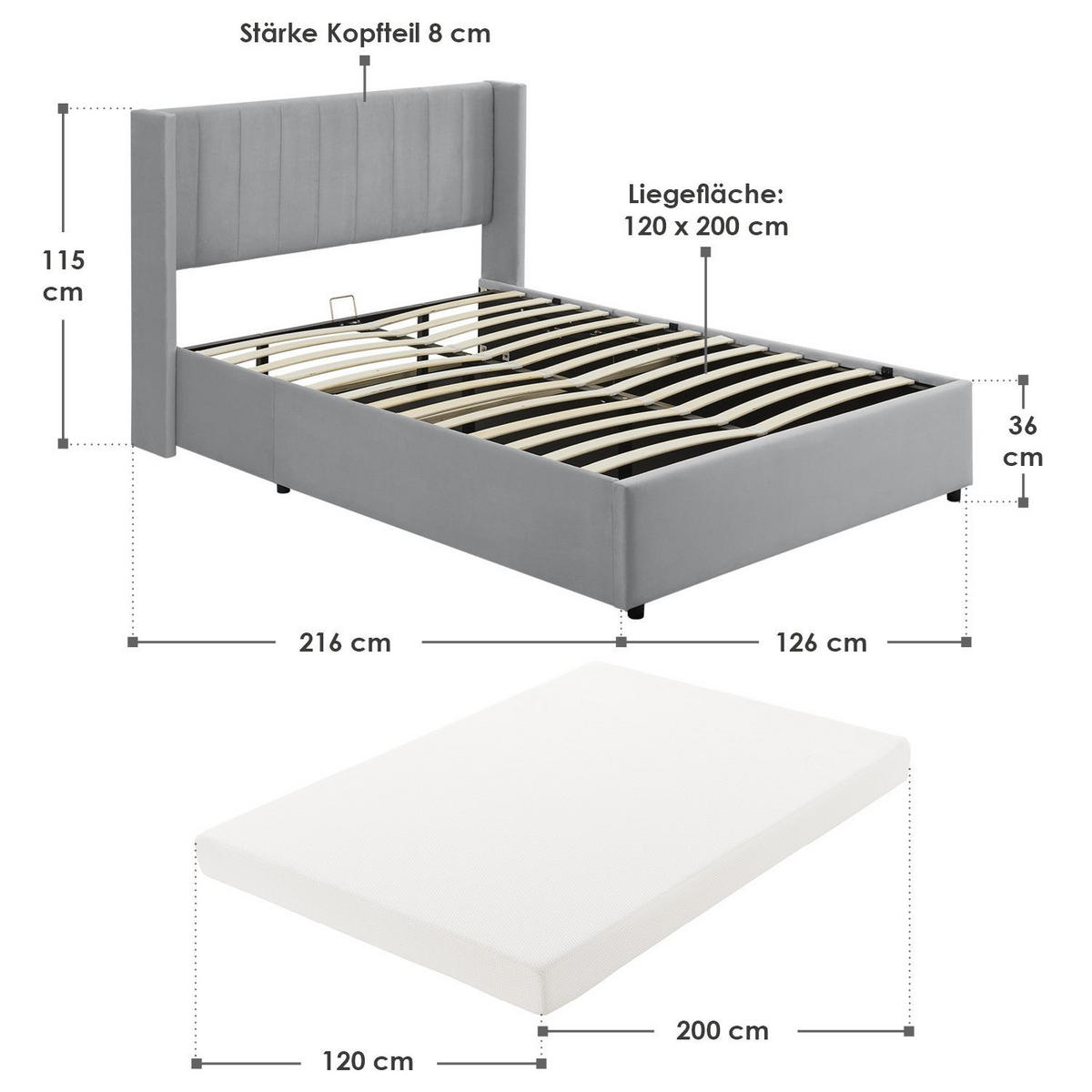 POLSTERBETT Savona mit Matratze 120 x 200 cm hellgrau - Hellgrau, Holzwerkstoff (120/200cm) - Juskys