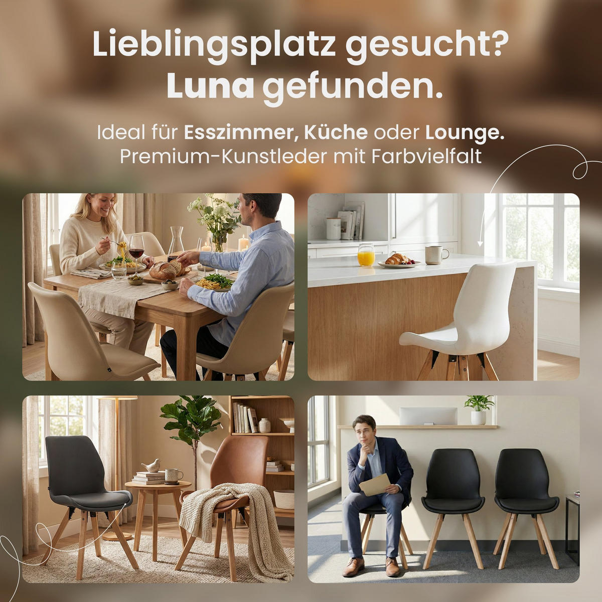 STUHL 4er Set Lederlook weiß - Eukalyptusholzfarben/Weiß, Holz/Textil (49/87/58cm) - CLP