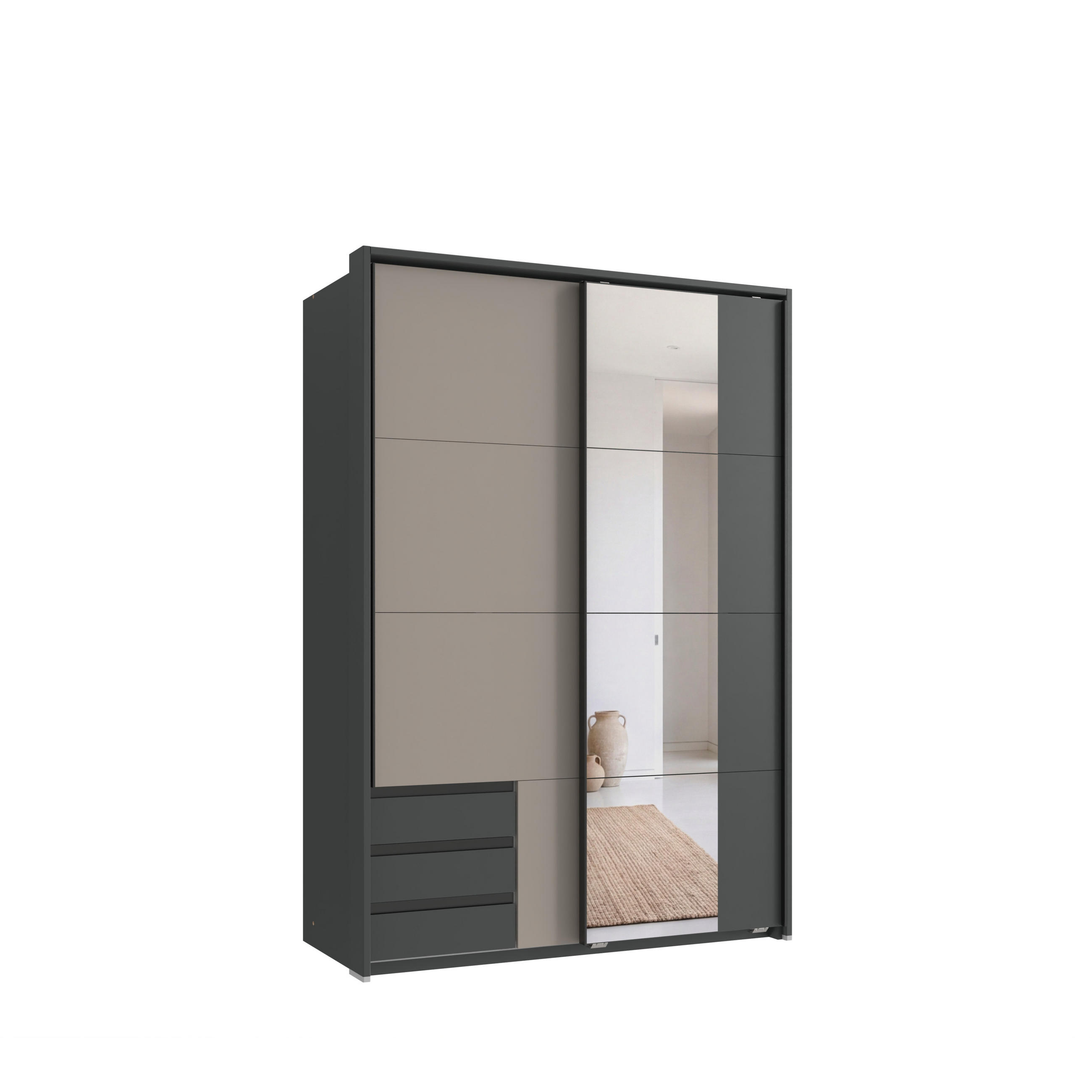 SCHWEBETÜRENSCHRANK 2-türig B138/H200/T65 cm, Passepartout-Kleiderschrank mit Spiegel & sichtbaren Schubkästen in Grafit, 1x Tür in Sandgrau / 22687 - Sandfarben/Graphitfarben, Holz/Holzwerkstoff (138/200/65cm) - luma-home