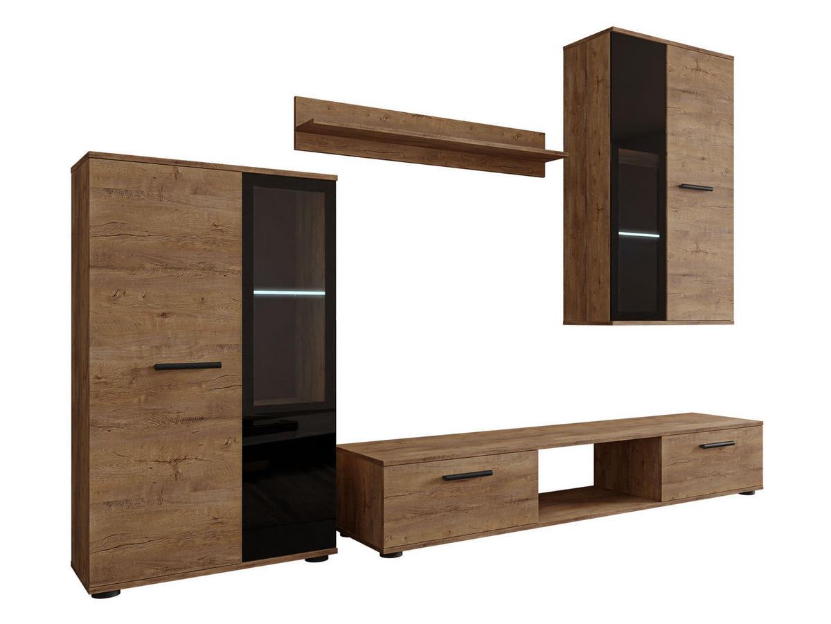 WOHNWAND Salsa mit blauer LED Beleuchtung - Eichefarben/Schwarz, Holzwerkstoff (235/180/41cm) - MIRJAN24
