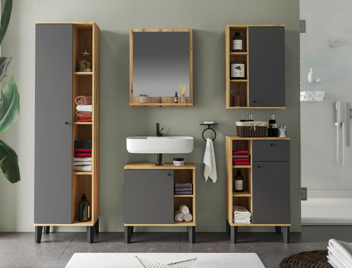 BADMÖBEL-SET 3-teilig grau, Evoke Eiche, Badkombination, 121 x 190 cm - Eichefarben/Grau, Glas/Holzwerkstoff (121/190/33cm) - Furn.Design