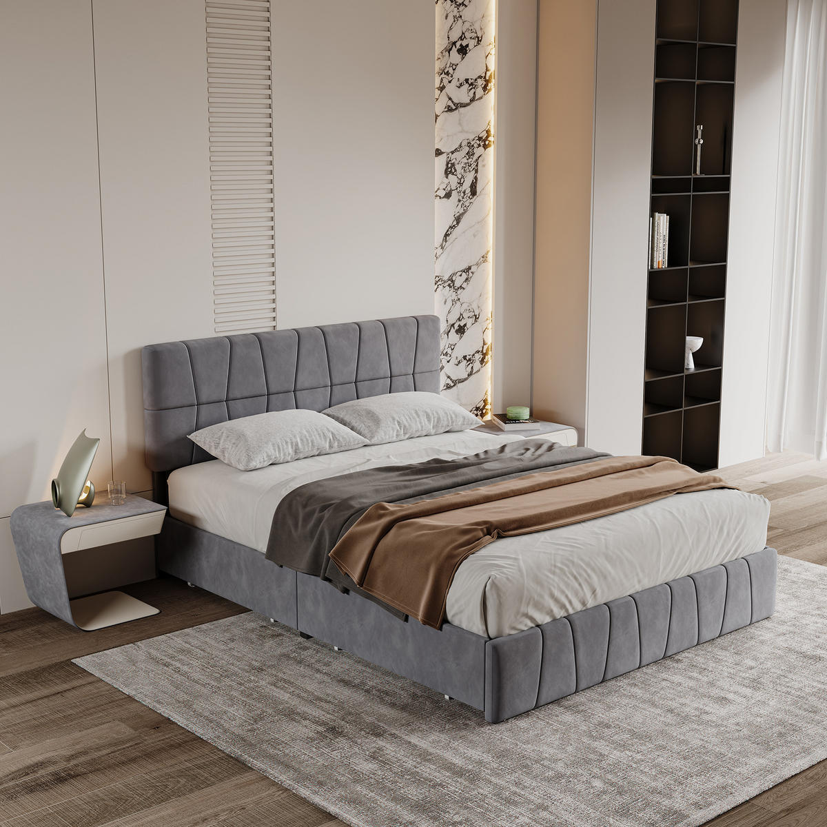 POLSTERBETT 160x200 Grau Samt 4 Schubladen - Grau, Metall (160/200cm) - SHOPENTRA