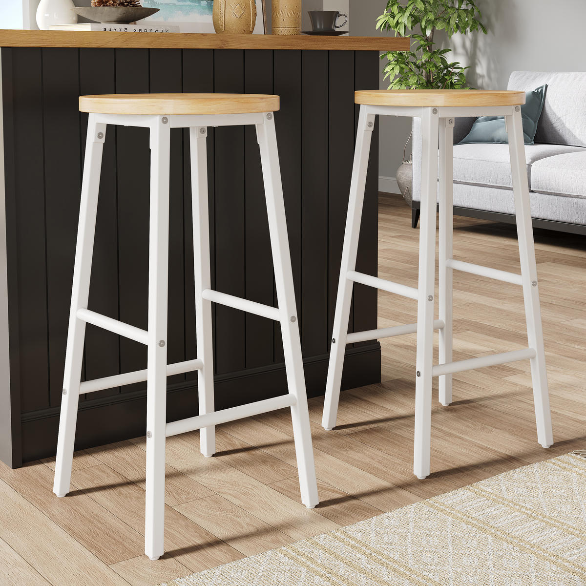 BARHOCKER 2er Set 63cm Holzoptik Sitz Weiß Metall - Weiß, Metall (30/63/30cm) - FLIEKS