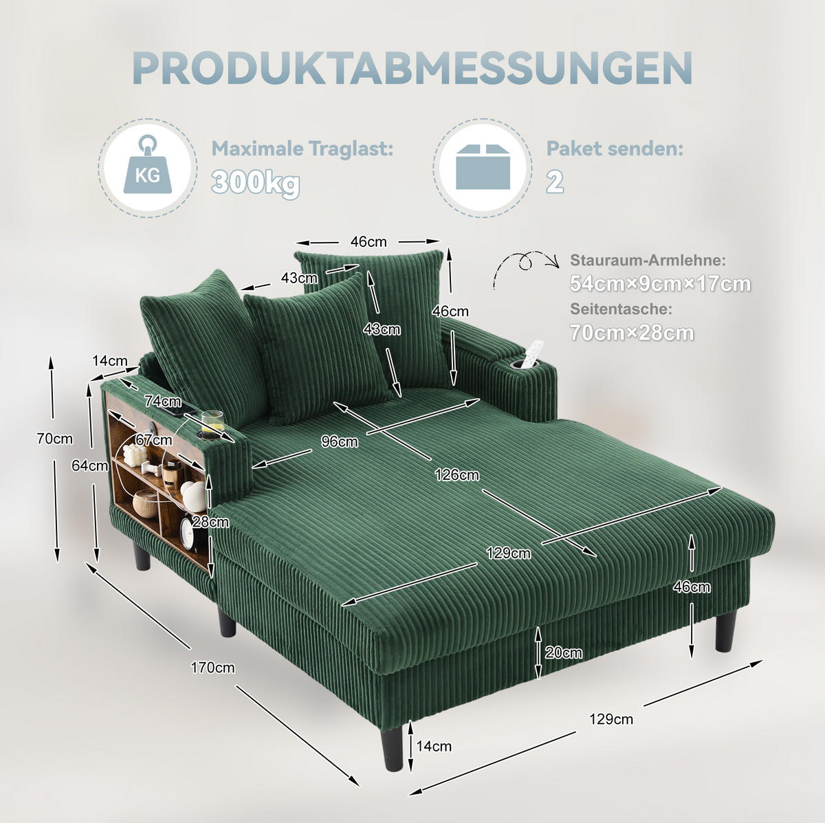 CHAISELONGUE 170/129/70 cm aus Cord mit LED-Beleuchtung, USB-Anschluss, Stauraum und 2 Becherhaltern, Smaragdgrün - Smaragdgrün, Textil (170/70/129cm) - Redom