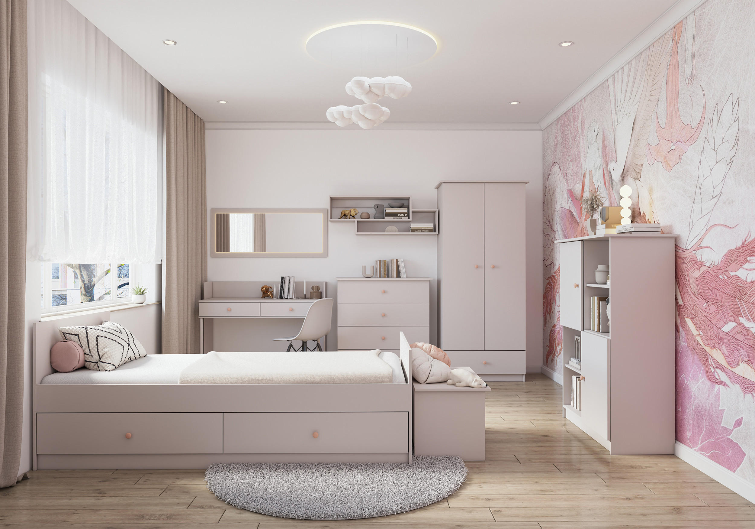 JUGENDZIMMER Livani in Kashmir 6-teiliges Kinderzimmer Komplettset mit rosa Griffen - Grau, Holzwerkstoff (80/200/120cm)