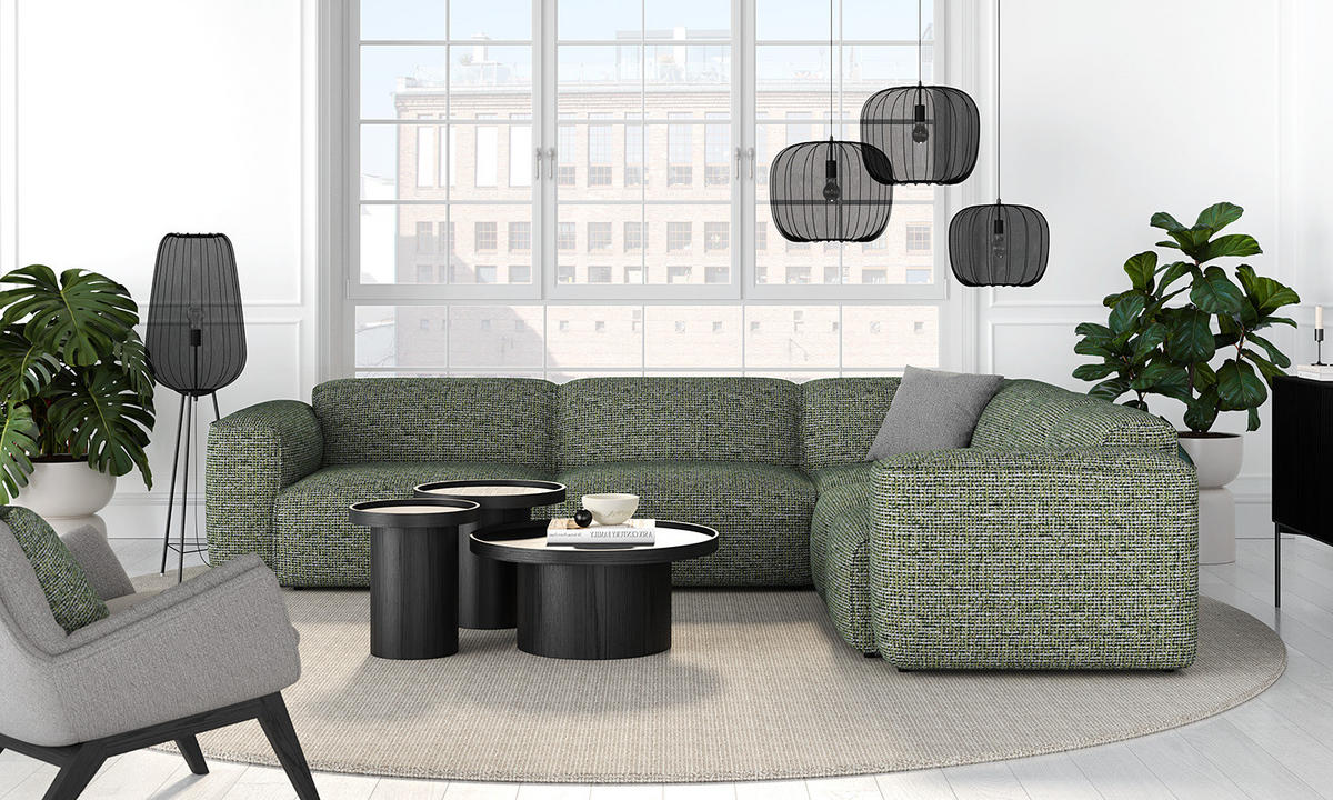 ECKSOFA mit Rundecke - Schwarz/Grün, Kunststoff/Textil (325/260cm) - home24