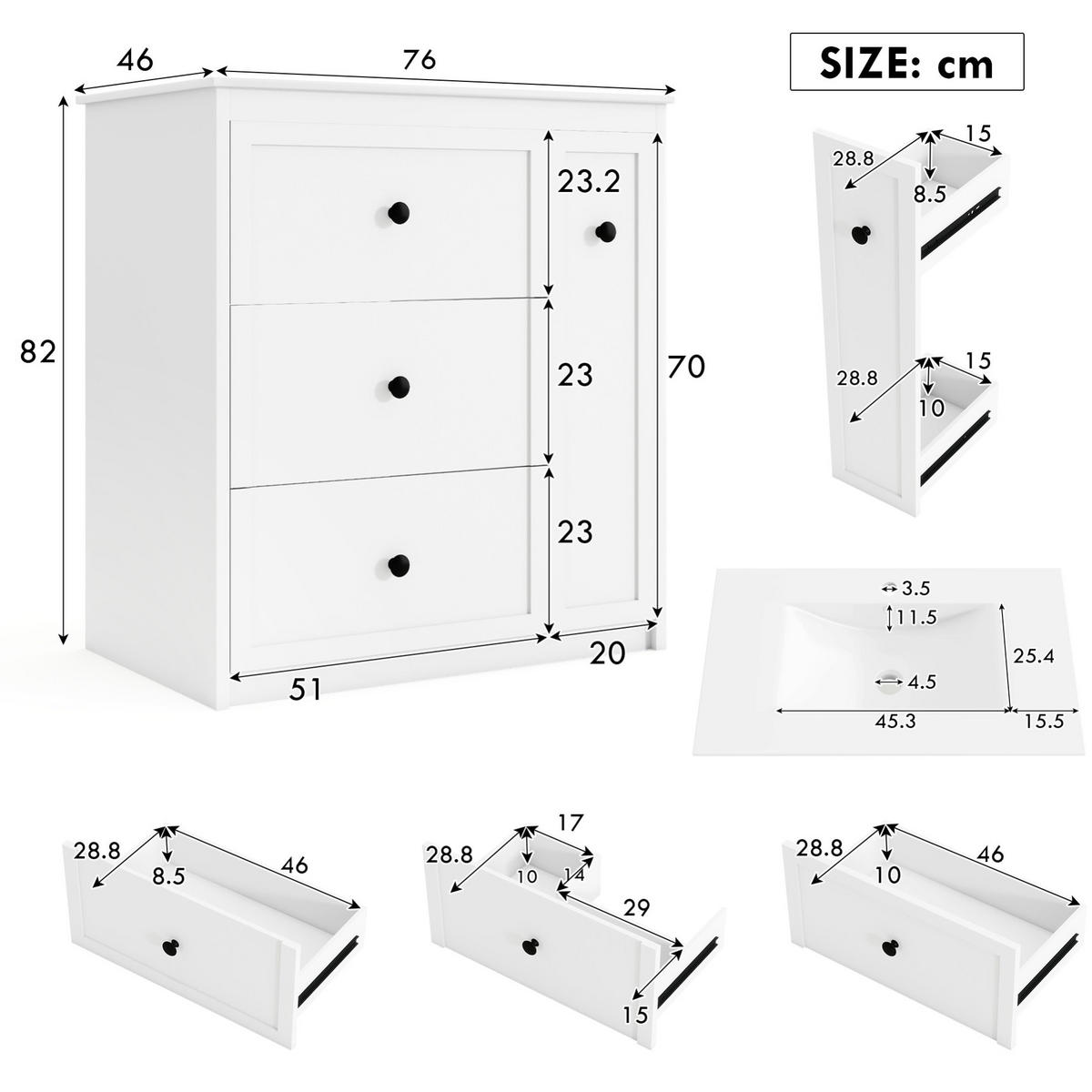WASCHTISCH aus MDF und Keramik 76x46x82 cm Weiß mit 4 Schubladen und integriertem Keramikbecken - Weiß, Keramik (76/82/46cm) - Modfu