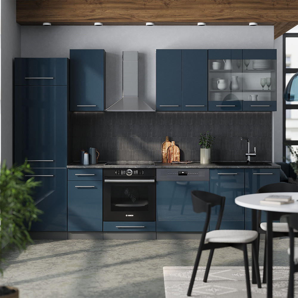 KÜCHENZEILE Fame-Line Dunkelblau Hochglanz/Anthrazit 300 cm, AP Eiche - Anthrazit/Dunkelblau, Holzwerkstoff (300/81.6/60cm) - Vicco