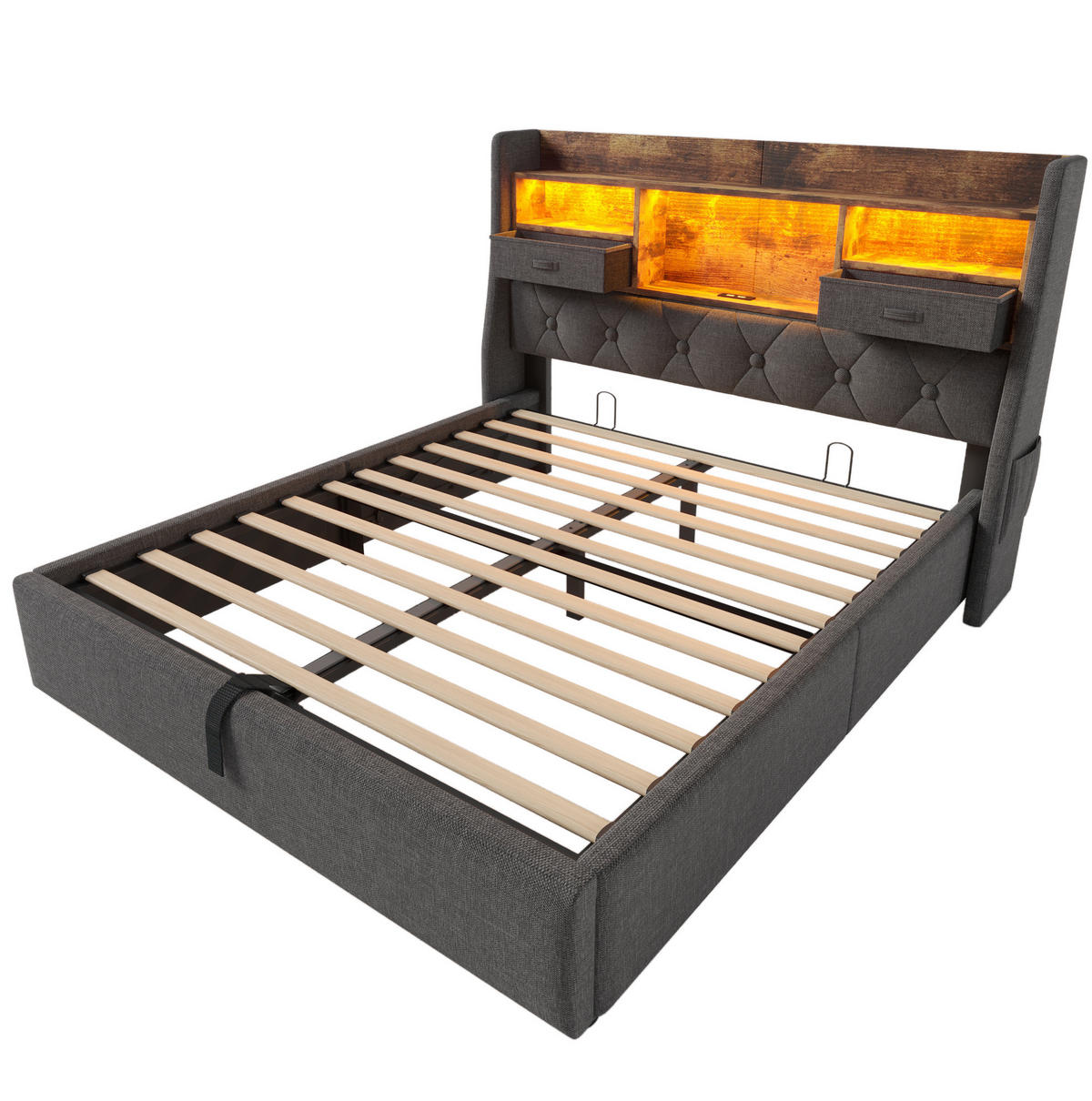 POLSTERBETT 140/200 cm Grauer Leinenstoff mit Hydraulischem Stauraum & LED-Kopfteil - Grau, Textil (140/200cm) - OKWISH