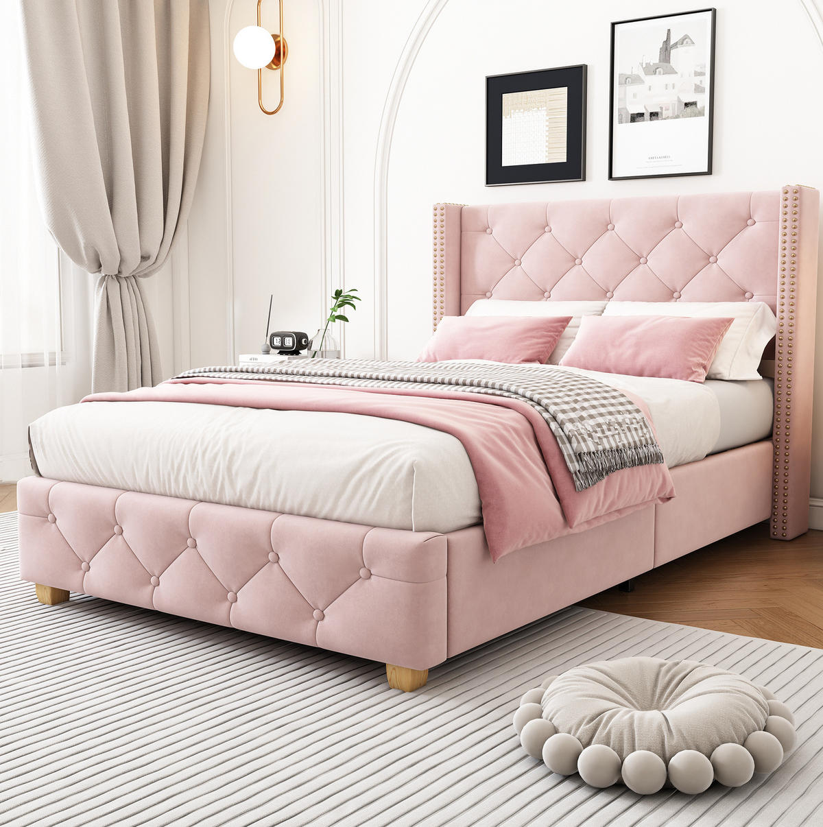 SAMT-POLSTERBETT 90/200 cm in Rosa mit Lattenrost und gepolstertem Kopfteil - Rosa, Textil (90/200cm) - BEAOK
