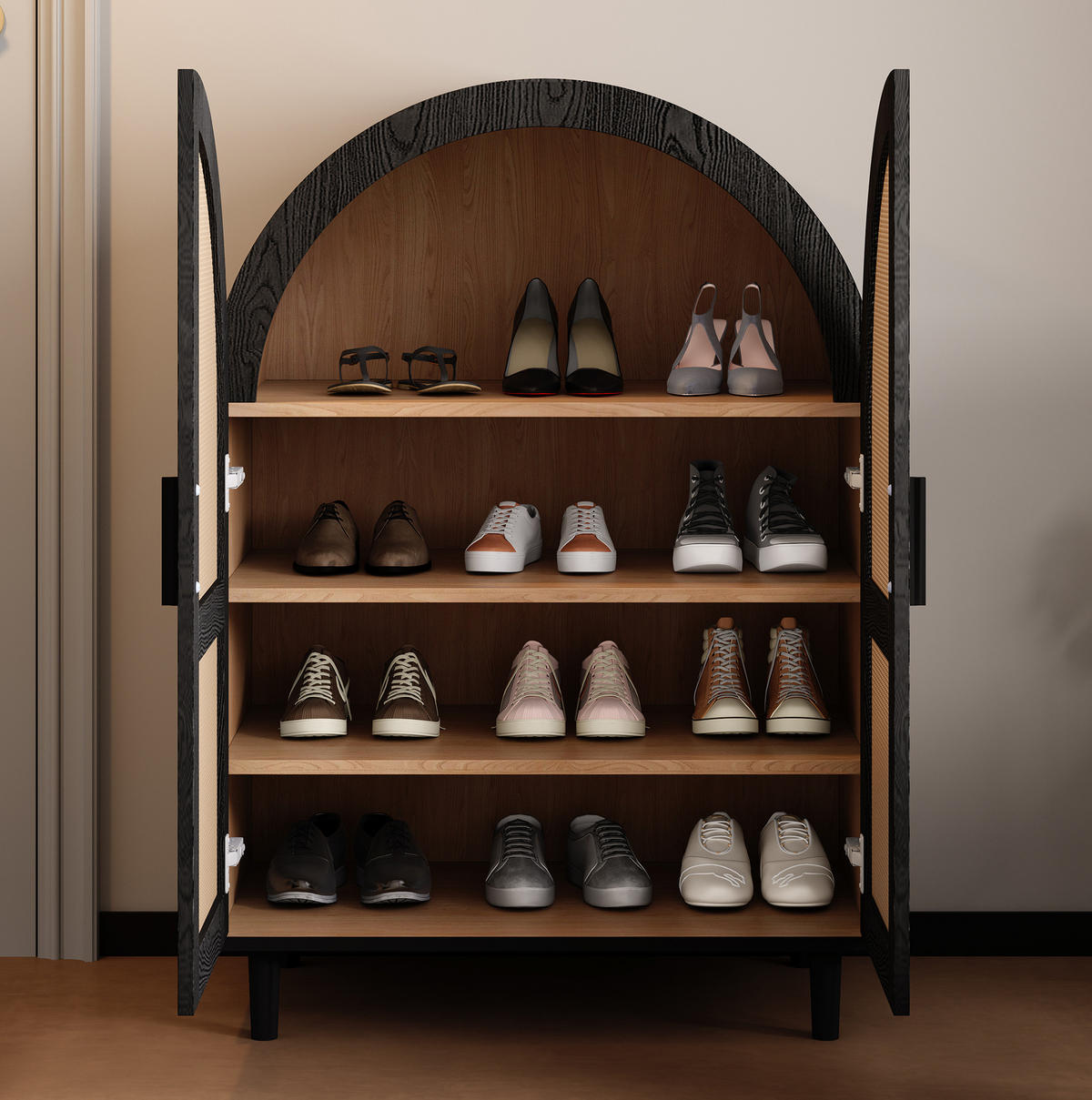 SCHUHSCHRANK für 12–15 Paar Schuhe, mit Rattantüren und Metallbeinen, 70/40/100 cm, Schwarz und Holz - Naturfarben, Holzwerkstoff (70/40/100cm) - Redom