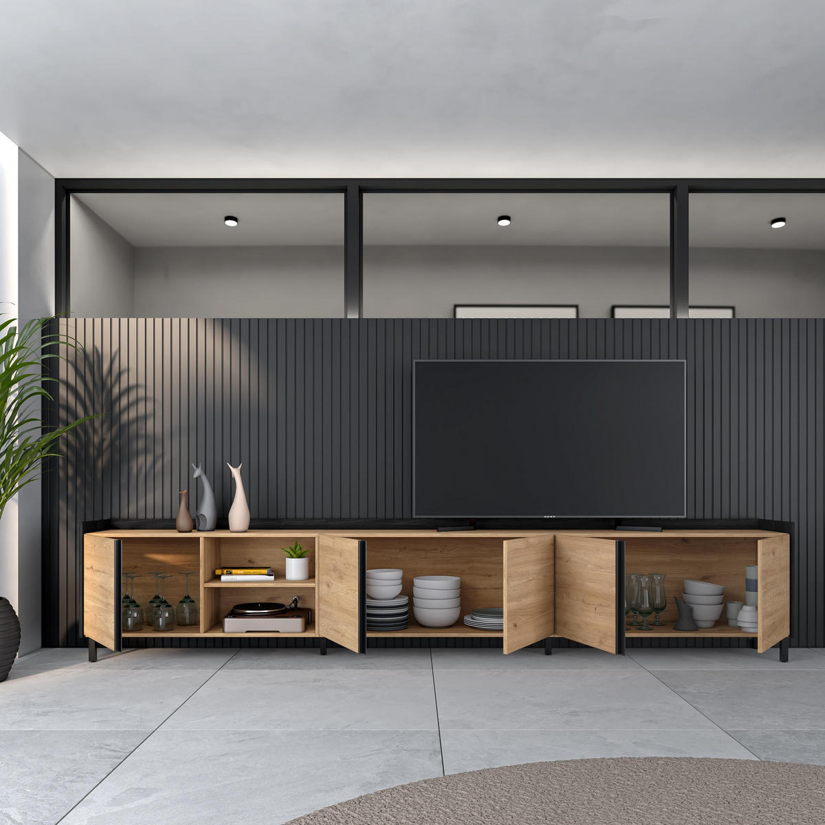 LOWBOARD, Eiche und Schwarz, 309/35/61cm, mit Beinen - Eichefarben, Holzwerkstoff (309/61/35cm) - Skraut Home