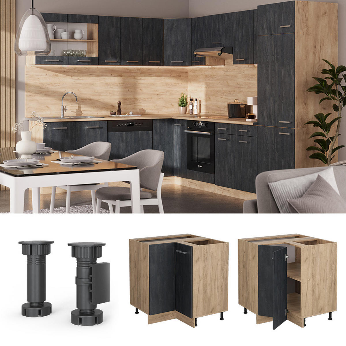 ECKUNTERSCHRANK R-Line Schwarz Beton 75.6 cm AP Eiche - Eiche Wotan/Schwarz, Holzwerkstoff (75.6/81.6/60cm) - Vicco