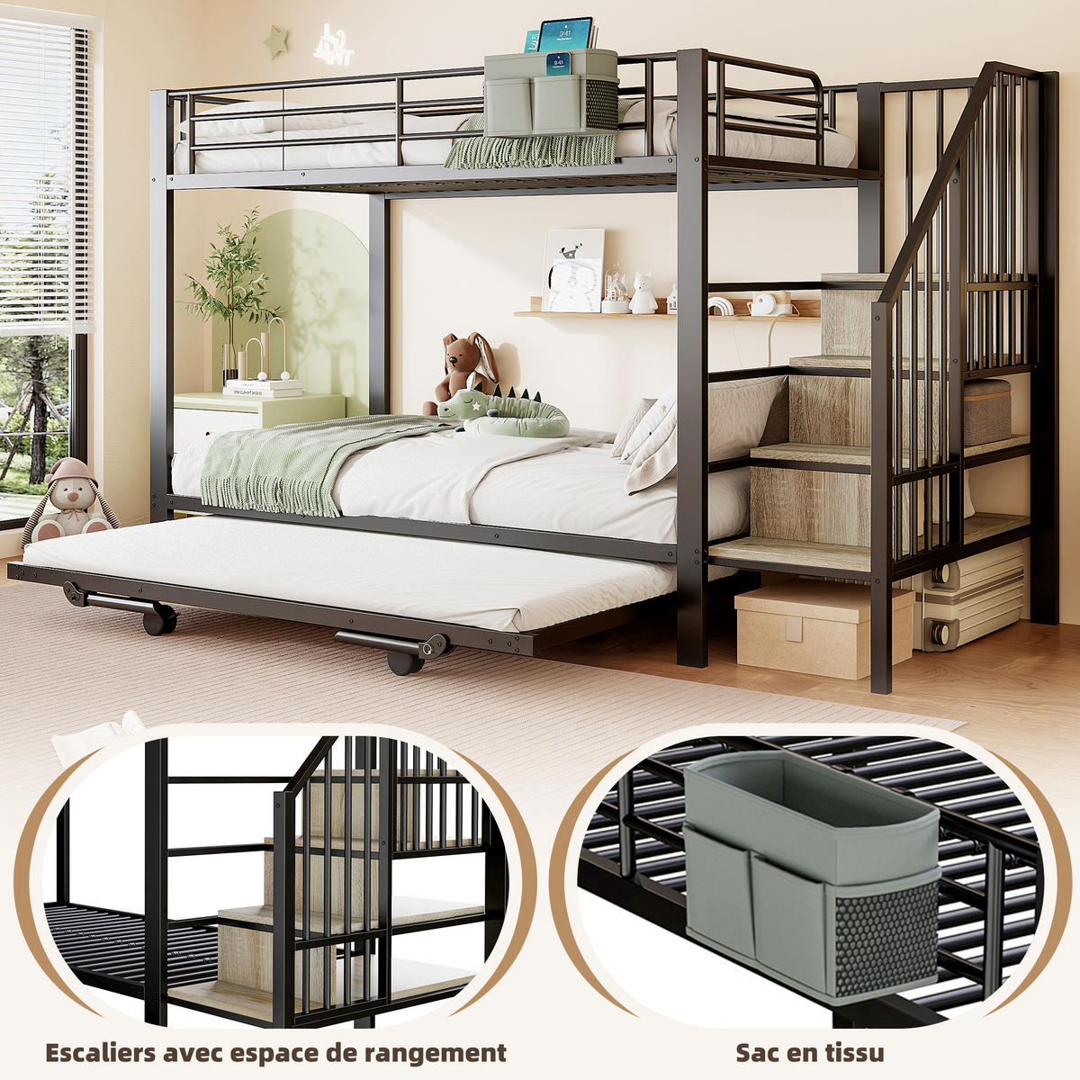 ETAGENBETT Eisen Schwarz - Schwarz, Metall - Raumix