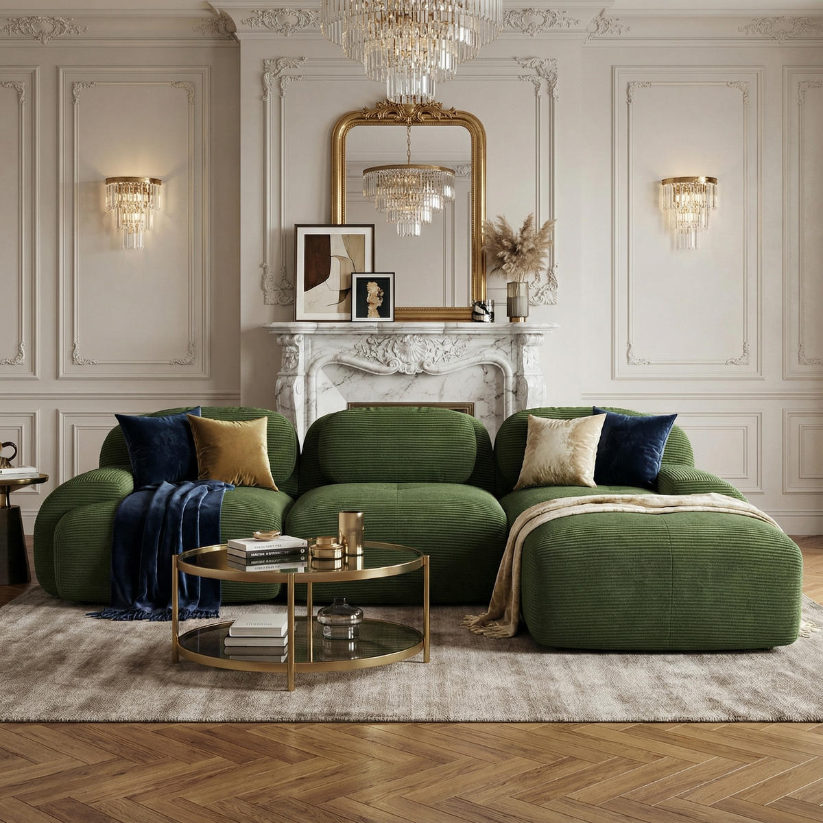 ECKSOFA 3-Sitzer in Premium-Cord Montagefrei & Rutschfest - Grün, Textil (298/178cm) - Urban Meuble