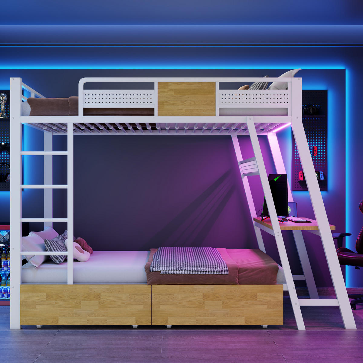 ETAGENBETT 90x200cm Metall Schreibtisch LED USB Weiß - Weiß, Metall (90/200cm) - FLIEKS