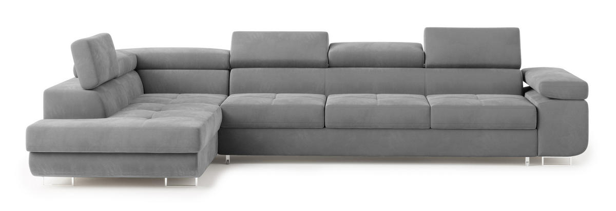 ECKSOFA VICENTE Grau Velours-Stoff mit Schlaffunktion - Grau, Holz (346/202cm) - MASSENO