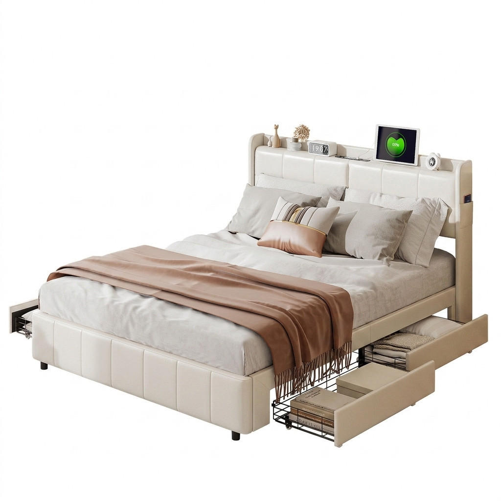POLSTERBETT 160/200 cm mit Schubladen,Doppelbett mit Ladestation - Weiß, Holz (160/200cm) - PARAFTA HOME