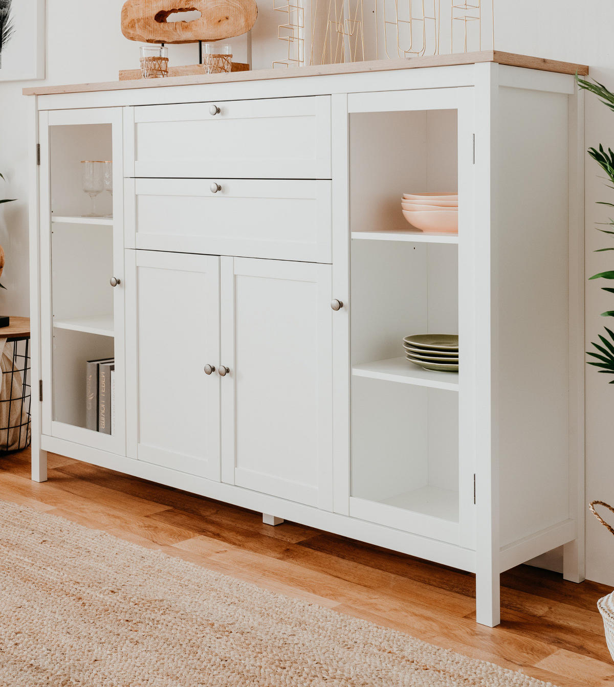 HIGHBOARD weiß, Artisan Eiche Landhaus, 160 cm, Kommode mit 8 Fächern - Silberfarben/Weiß, Holzwerkstoff/Metall (160/120/40cm) - Furn.Design