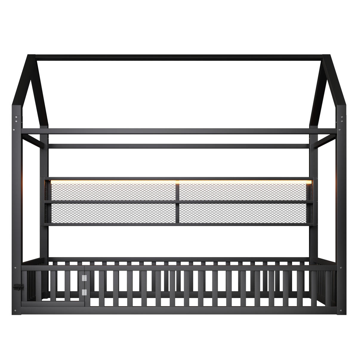 KINDERBETT 90/200 cm mit LED-Beleuchtung, Sicherheitszaun und Hausform aus Metall, Schwarz - Schwarz, Metall (90/200cm) - Redom