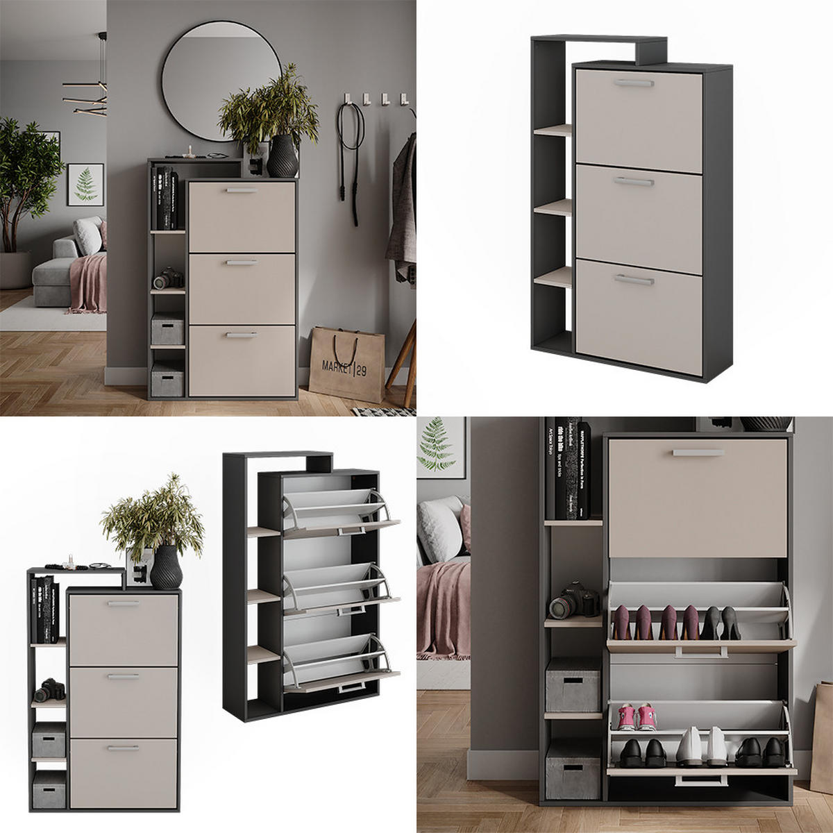 SCHUHKIPPER Orlando Anthrazit/Greige 80 x 128.3 cm mit 3 Fächern - Greige/Anthrazit, Holzwerkstoff (80/128.3/24.2cm) - Vicco