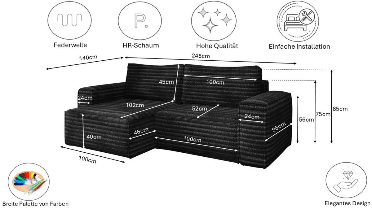 ECKSCHLAFSOFA Bohoo-Ecksofa mit Schlaffunktion stoff Velo Schwarz Links - Schwarz, Holz/Textil (140/248cm) - Kaiser Möbel
