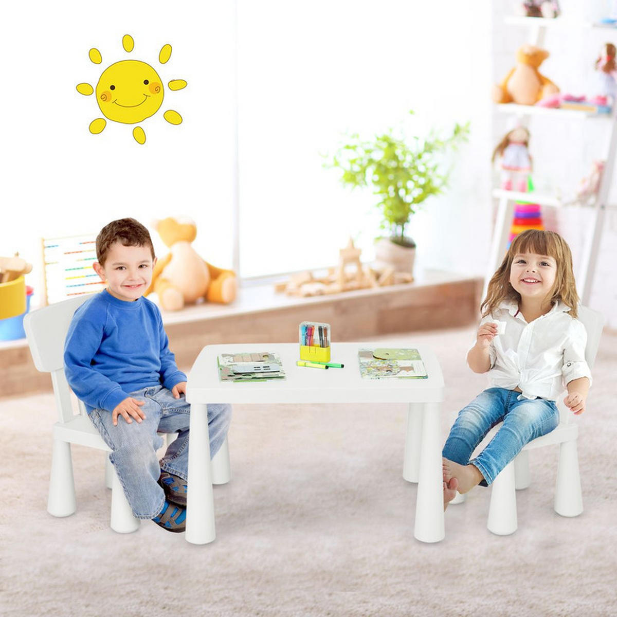 KINDERTISCH mit 2 Stühlen weiß(3-tlg) - Weiß, Kunststoff (76.5/49.5/54.5cm) - COSTWAY