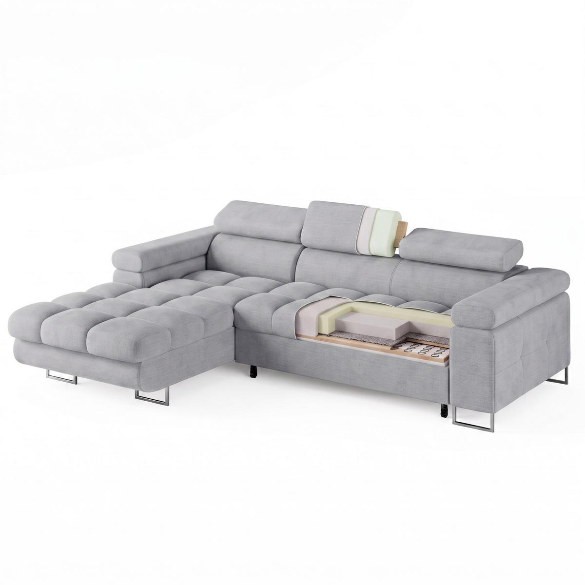 ECKSOFA CLOUD Links Dunkelbraun L-Form Bouclé-Stoff mit Schlaffunktion und Bettkasten - Chromfarben/Dunkelbraun, Holz/Metall (235/275cm) - Barchello