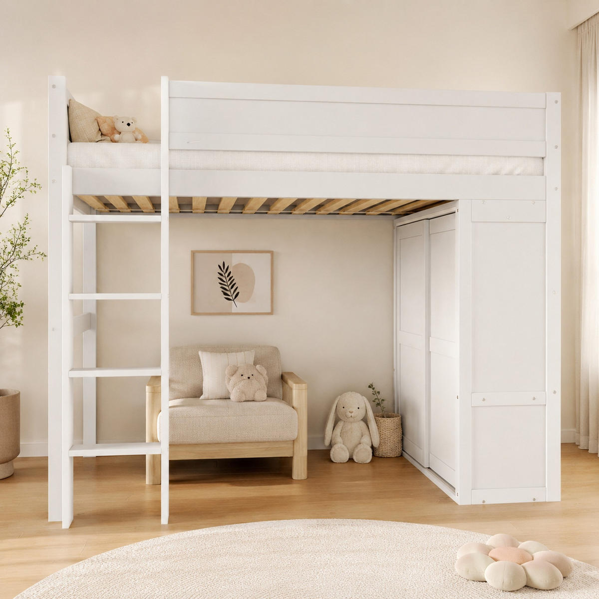 HOCHBETT 90/200 mit Kleiderschrank, Stauraum und Leiter in Weiß - Weiß, Holz (90/200cm) - EVRYAE
