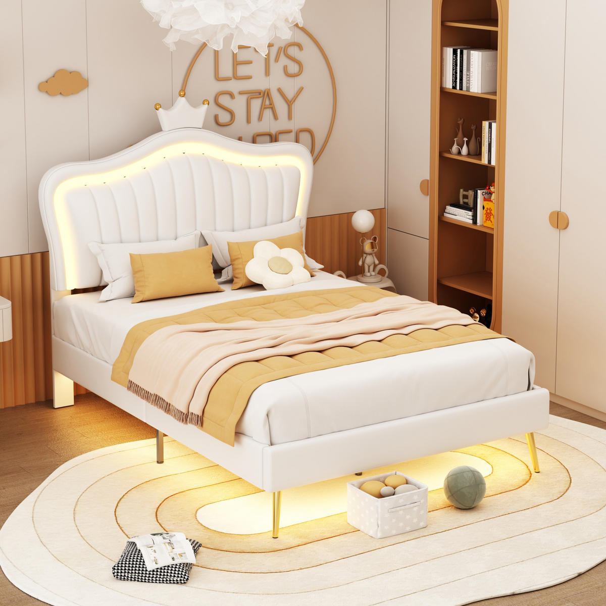 KINDERBETT Polsterbett 90/200 cm aus Kunstleder mit LED-Beleuchtung und Muschel-Kopfteil Weiß - Weiß, Textil (90/200cm) - Modenvie
