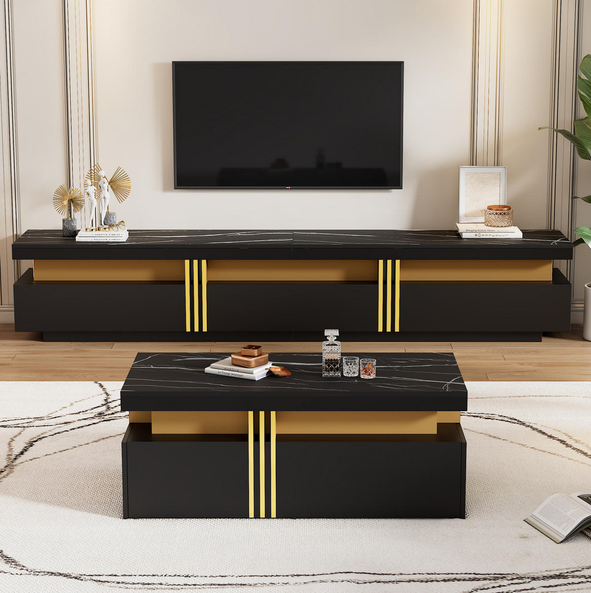 TV-ELEMENT 200/40/42 cm mit 3 Schubladen in Schwarz mit Marmor-Optik - Schwarz, Holzwerkstoff (100/40/50cm) - BEAOK