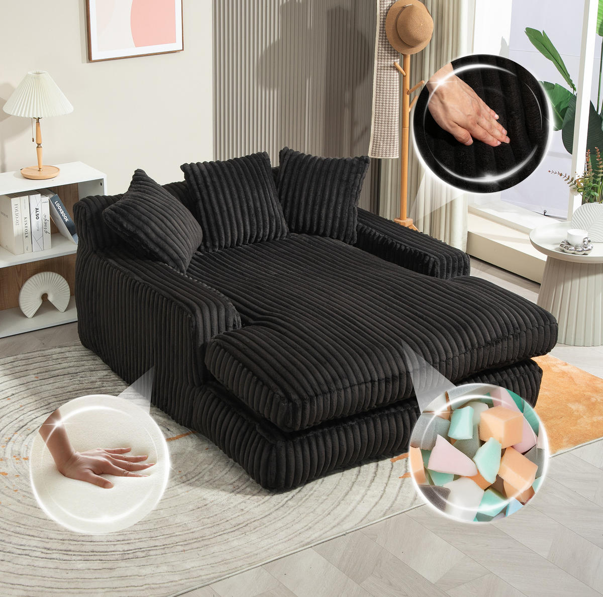 SOFA Chaiselongue 125 x 155 cm Cord Black inkl. 3 Kissen - Schwarz, Textil (155/63/125cm) - Meubliv
