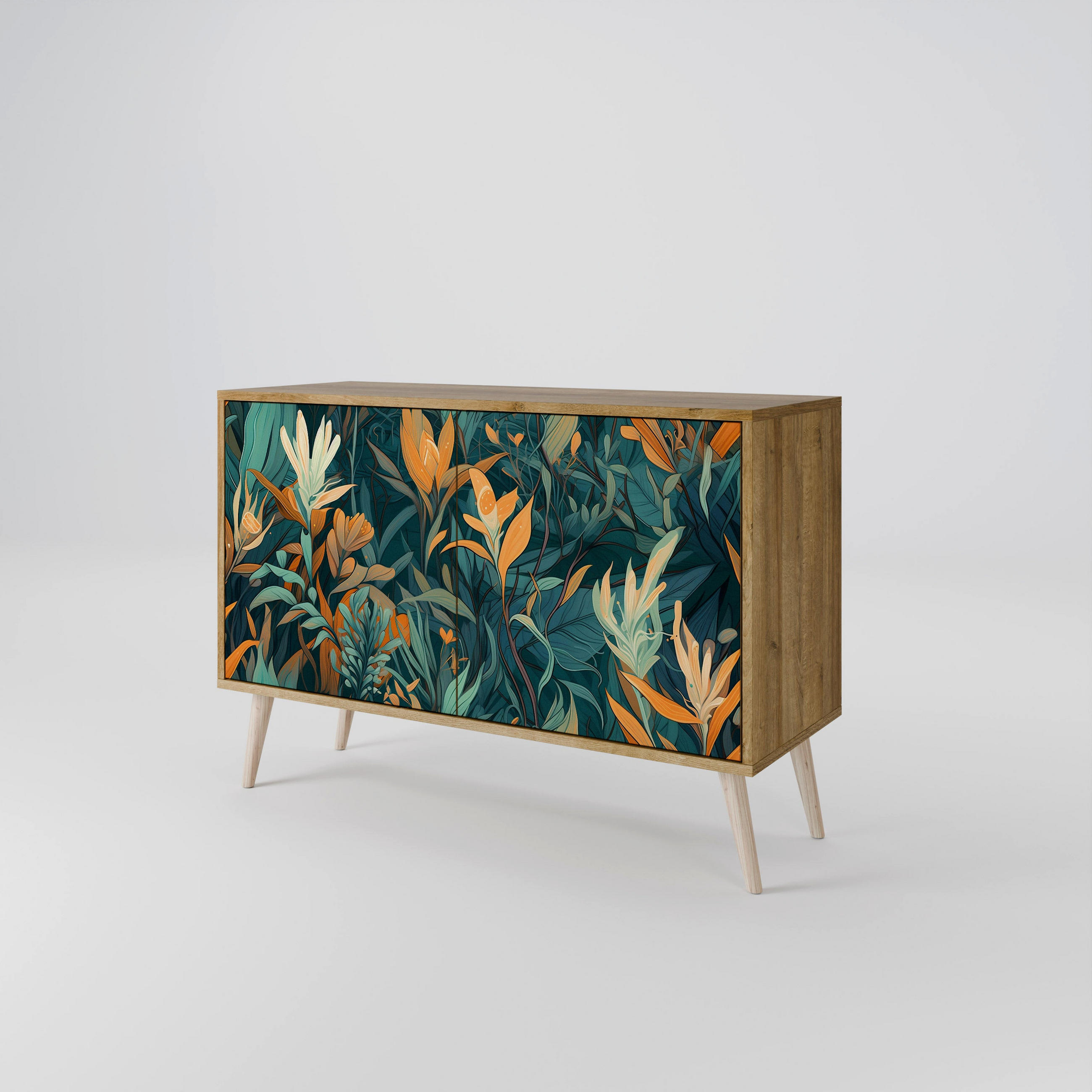 SIDEBOARD FLORAL SERENITY, Eicheneffekt, 111x42x77,5 cm, 2 Türen - Eichefarben/Buchefarben, Holzwerkstoff/Buchenholz (111/77.5/42cm) - SpaceRebels
