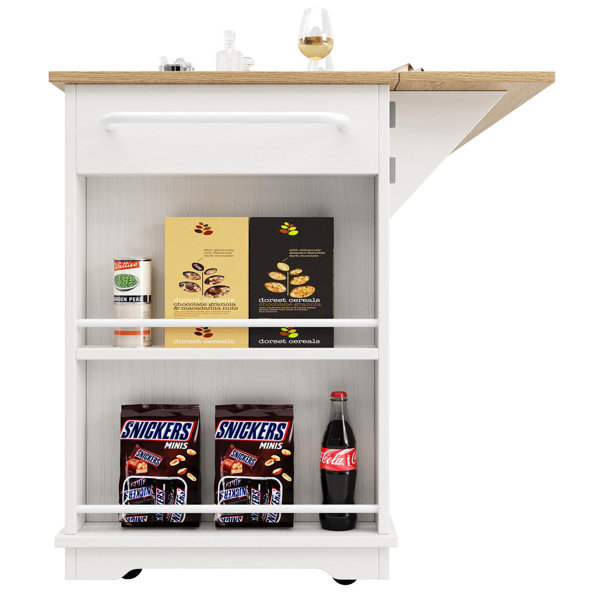 KÜCHENINSEL 151,5/60/91,7 cm Weiß Natur Metall mit klappbarer Tischplatte - Weiß, Holzwerkstoff (151.5/91.7/85cm) - OKWISH