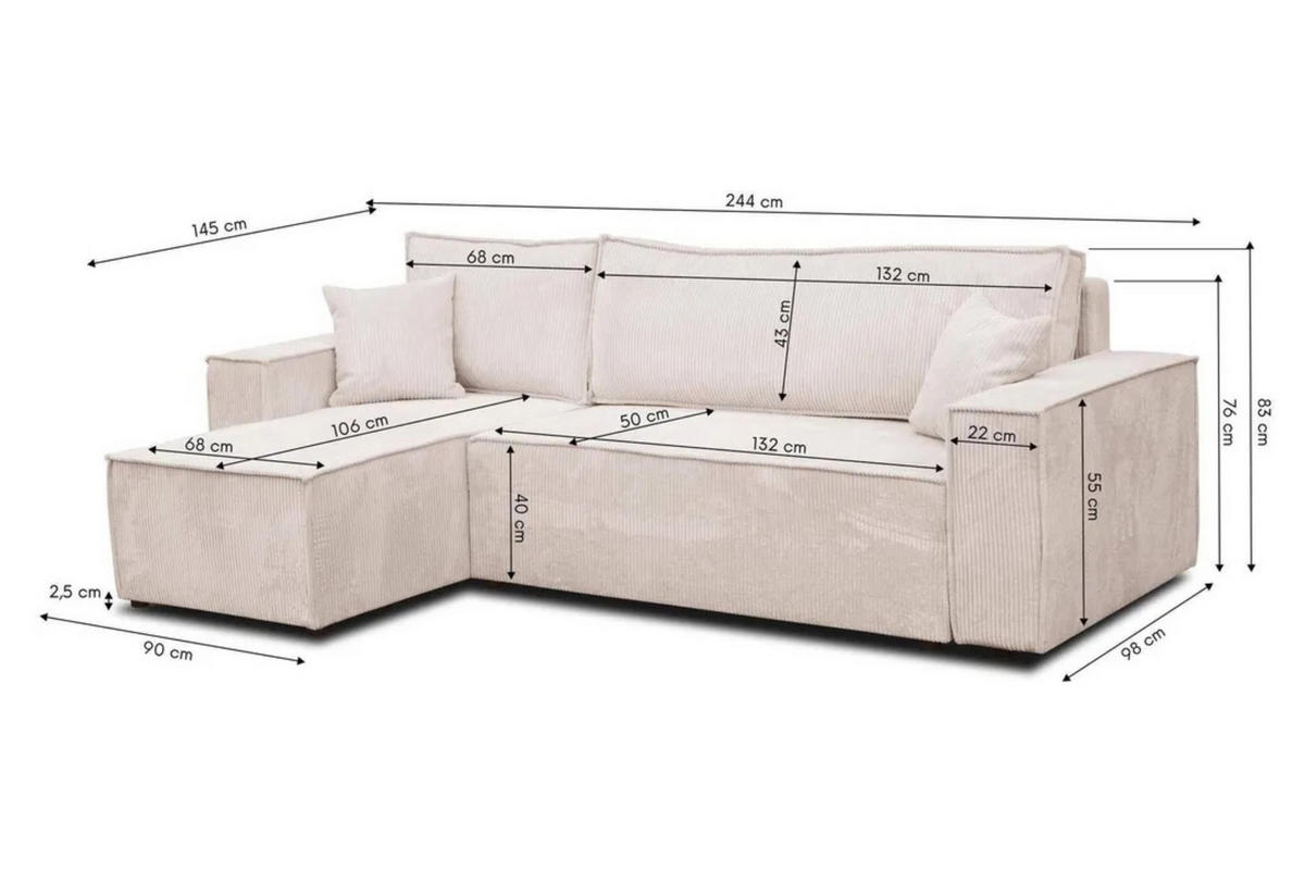 ECKSOFA Hugo L in L-Form mit Schlaffunktion und Bettkasten, Farbe: Hellbraun, Cordstoff, Ottomane Unsiversal - Hellbraun, Textil (244/145cm) - VENASI MÖBEL