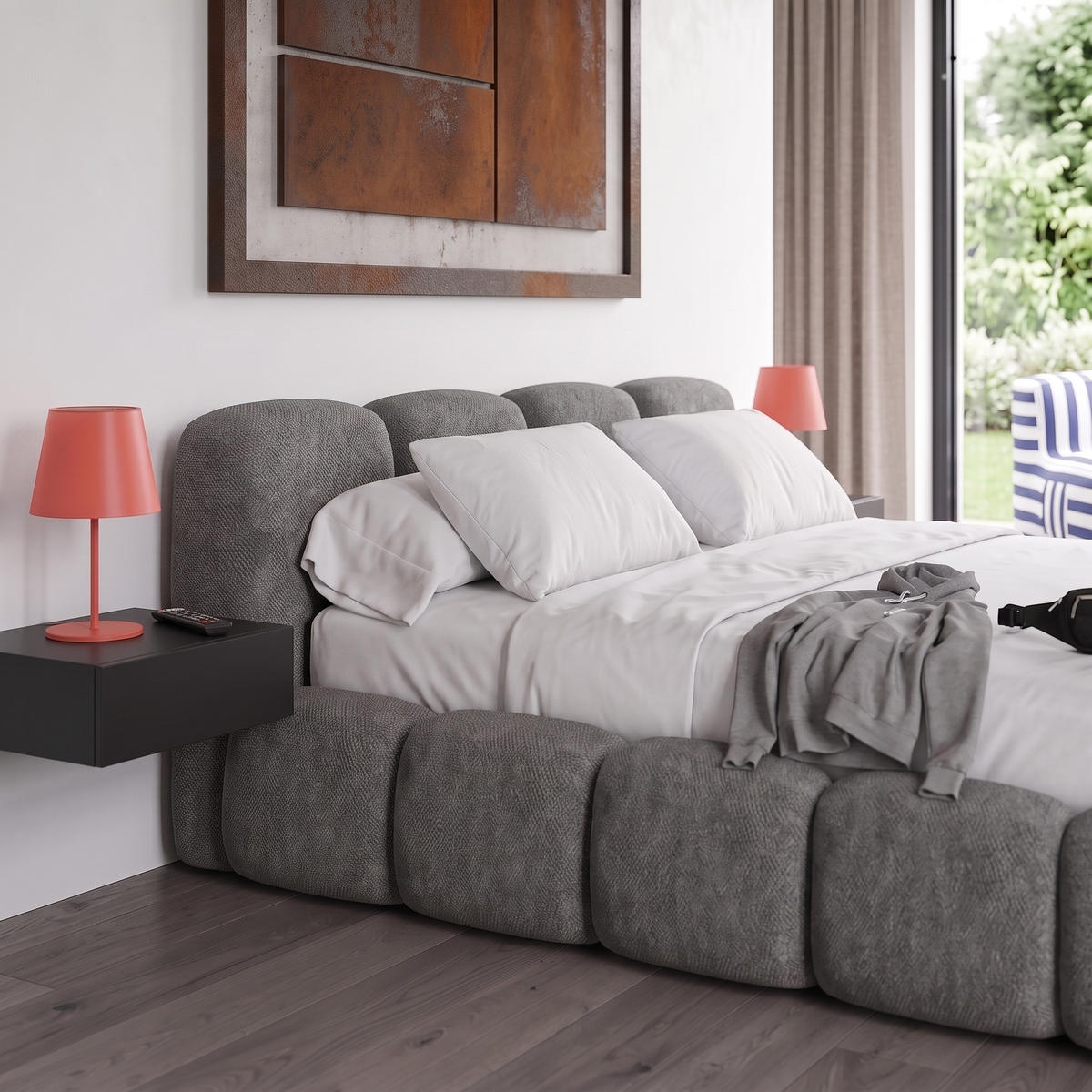 POLSTERBETT SUENO 180x200 cm in Dunkelgrau, gepolstertes Kopfteil, Metalllattenrost, Bettkasten, Chenille-Stoff - Dunkelgrau/Naturfarben, Holz/Textil (180/200cm) - Muffo