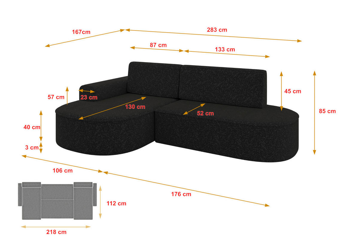 ECKSOFA mit Schlaffunktion und Bettkasten Ottomane Rechts MARI-L1-S - 283x167x85 cm Grau Tissu - Schwarz/Grau, Holzwerkstoff/Kunststoff (167/283cm) - ALTDECOR