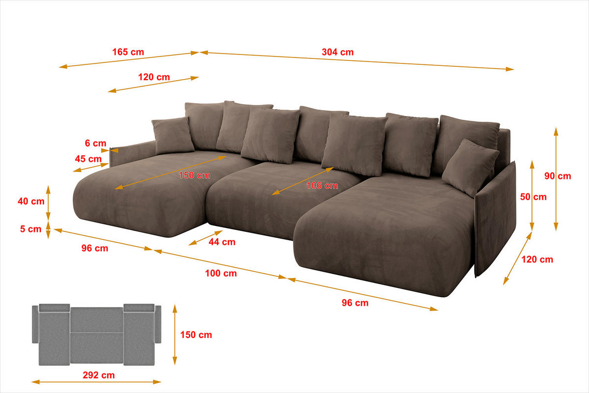 WOHNLANDSCHAFT mit Schlaffunktion und Bettkasten ONESK-U-v1 304x165x40 Braun Velours - Braun, Holzwerkstoff/Kunststoff (304/90/165cm) - ALTDECOR