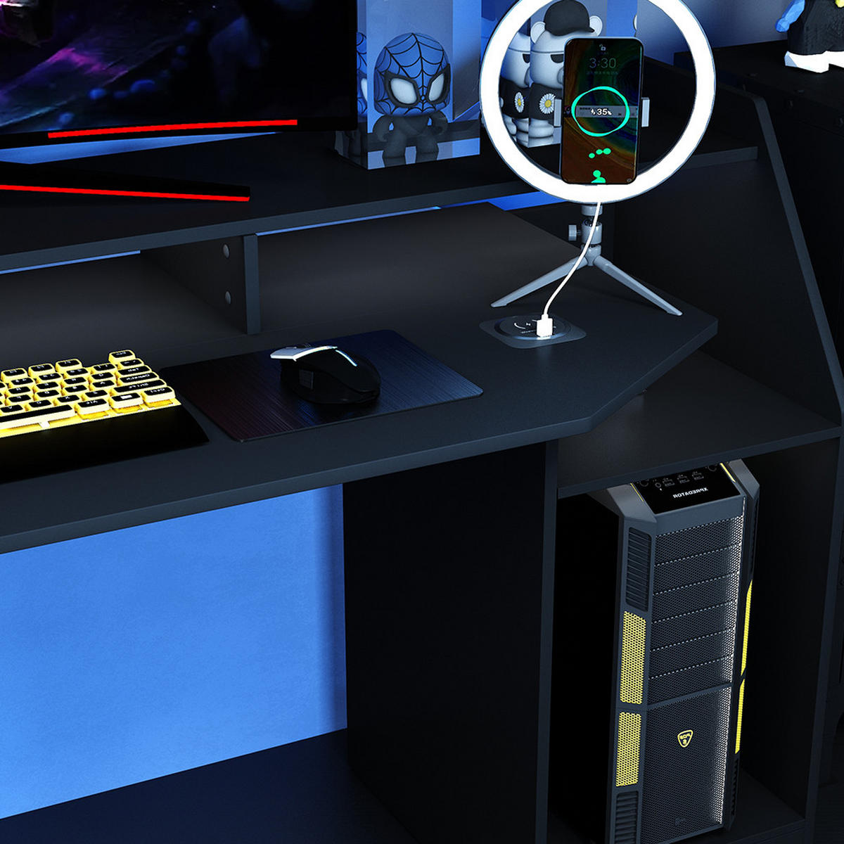 GAMING TISCH Sonic Schwarz 179.8 x 65.5 cm mit LED-Beleuchtung und QI- Ladestation - Schwarz, Holzwerkstoff (65.5/179/90.5cm) - Vicco