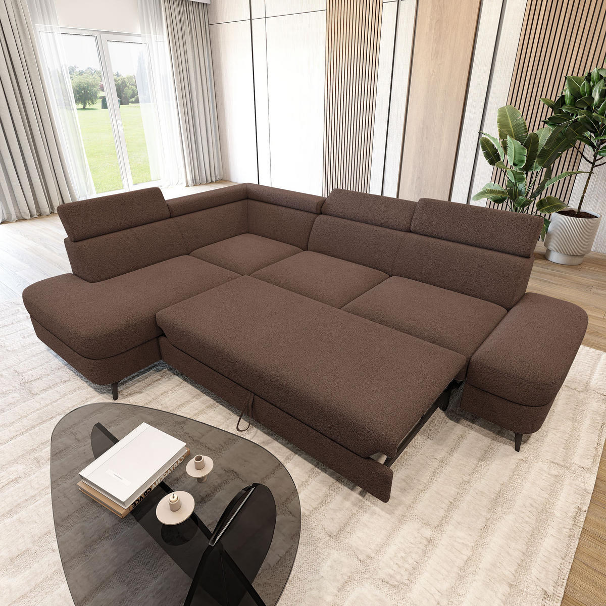 ECKSOFA AVISE Q L-S Braun Boucle-Stoff mit Schlaffunktion - Braun, Holzwerkstoff/Textil (268/195cm) - MASSENO