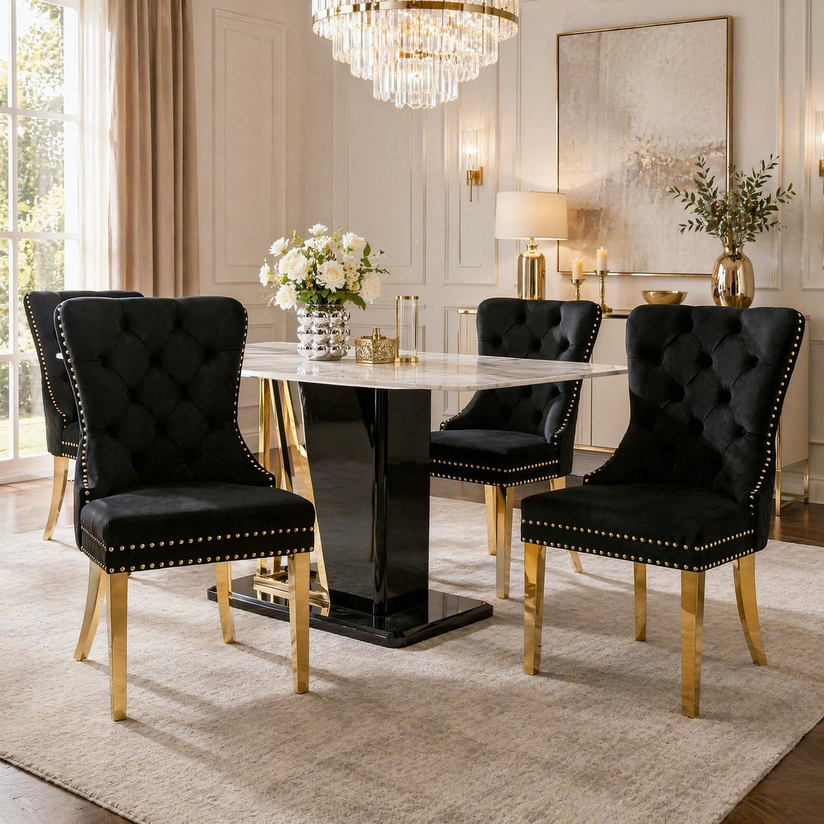 WOHNZIMMER STÜHLE mit Zugringen, Samt, Edelstahl, Schwarz/Gold - Schwarz, Textil (51/95/65.5cm) - EVRYAE