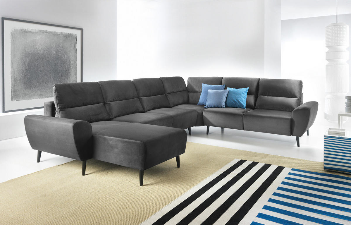 ECKSOFA BOSCO U-Form, Monolith-Stoff, Freistehend, mit verstellbaren Kopfstützen, Sofa für Familien, Größe: 340x270x98cm, Farbe: Grau - Grau, Holz/Textil (270/340cm) - DomoHome