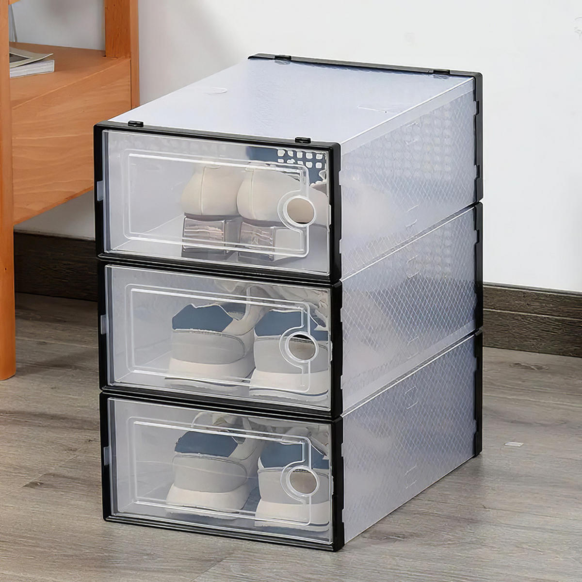 SCHUHBOXEN 12er-set 33x23x14cm aus Kunststoff in Schwarz - Einfacher doppelrahmen klappbarer mehrschichtiger Aufbewahrungsständer - Schwarz, Kunststoff (23/14/23cm) - Livingandhome