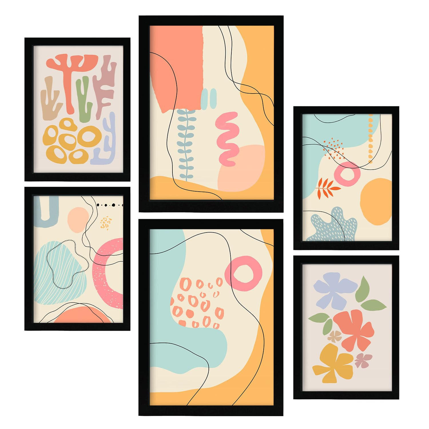 POSTER Set Mit 6 Crasis Rahmen In Blume Zusammenfassung A3 & A4 Schwarzer Rahmen - Schwarz, Papier (29/3cm) - Nacnic