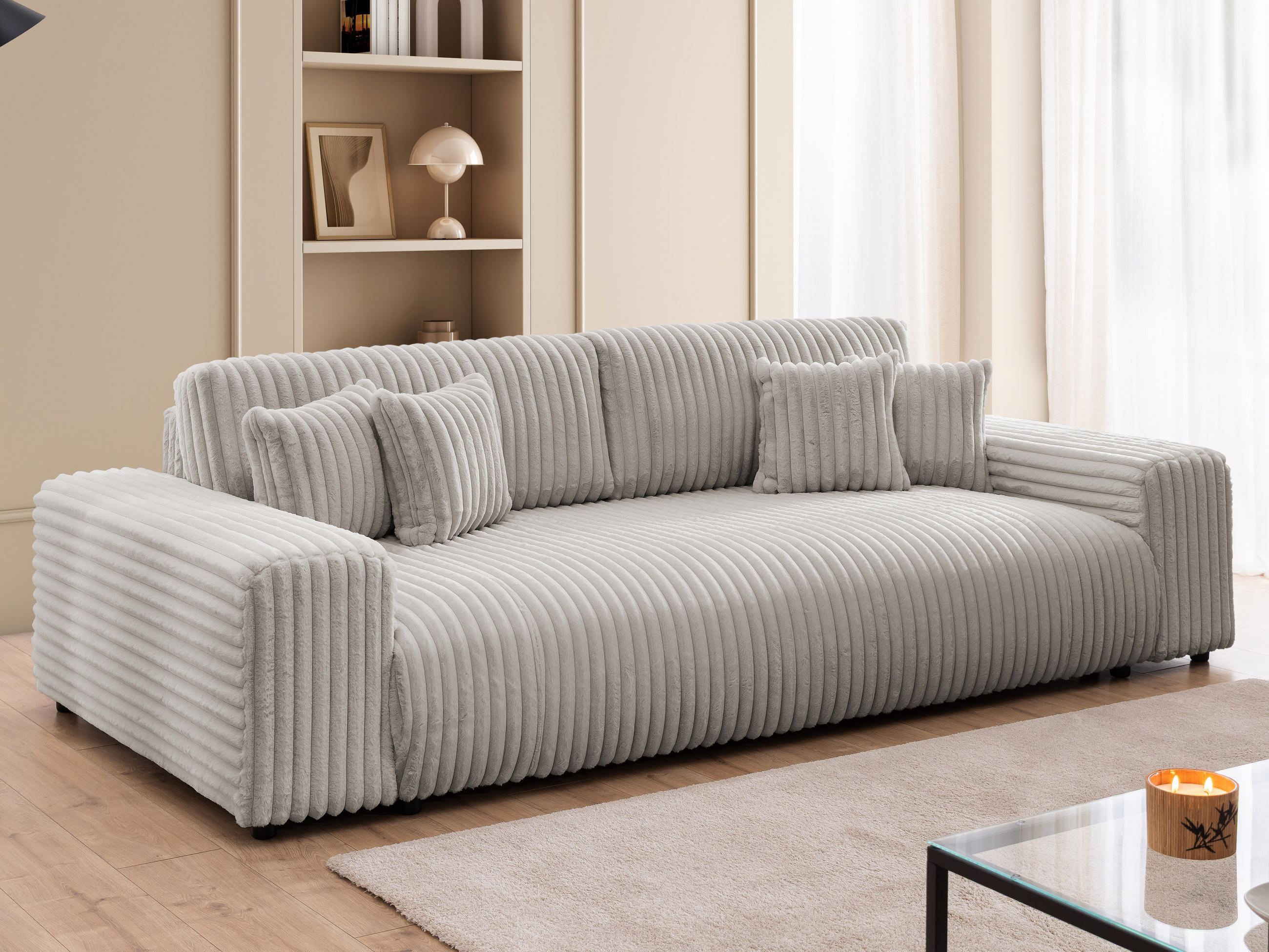 BIGSOFA Mollis Hellgrau Plüschcord mit Schlaffunktion - Hellgrau/Schwarz, Holz/Kunststoff (260/77/124cm) - S-Style Möbel