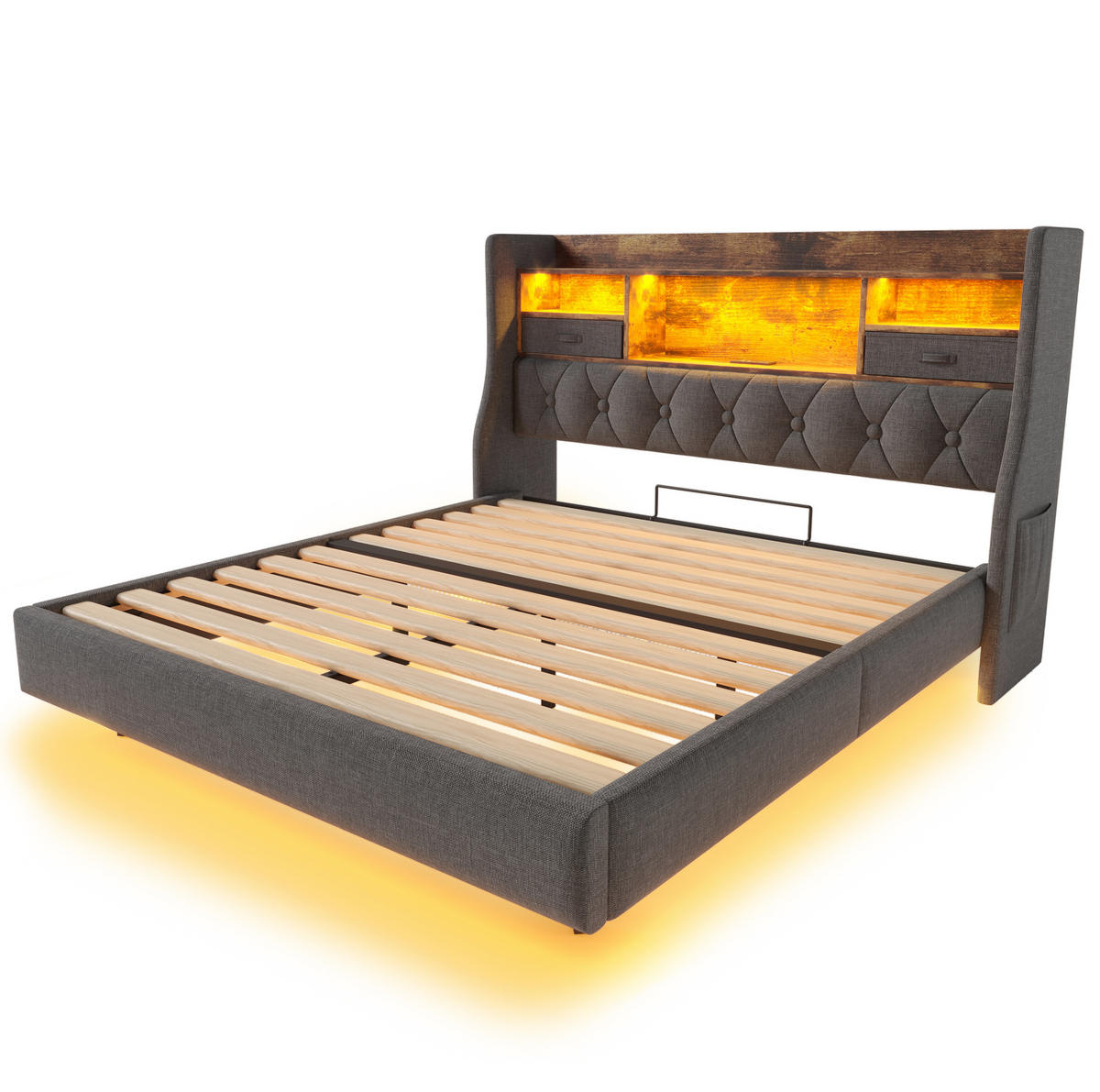 BETT mit LED, Ladestation und Stauraum 140x200 cm Leinen Grau - Grau, Holz (140/200cm) - Meubliv