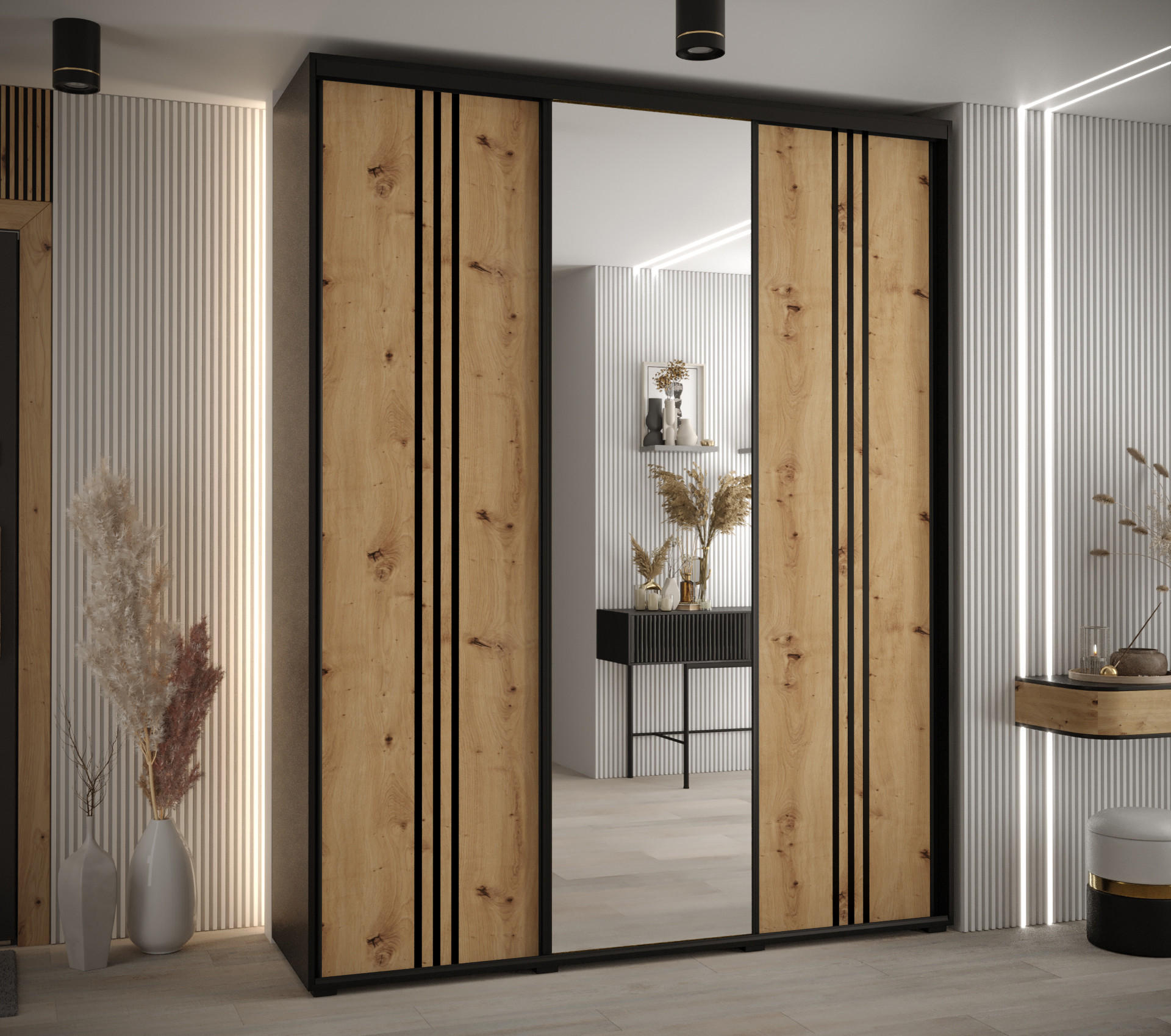 SCHWEBETÜRENSCHRANK 235,2/190/45 3-türig - Schwarz/Eiche Artisan, Holz/Metall (190/235/45cm) - Abiks Möbel