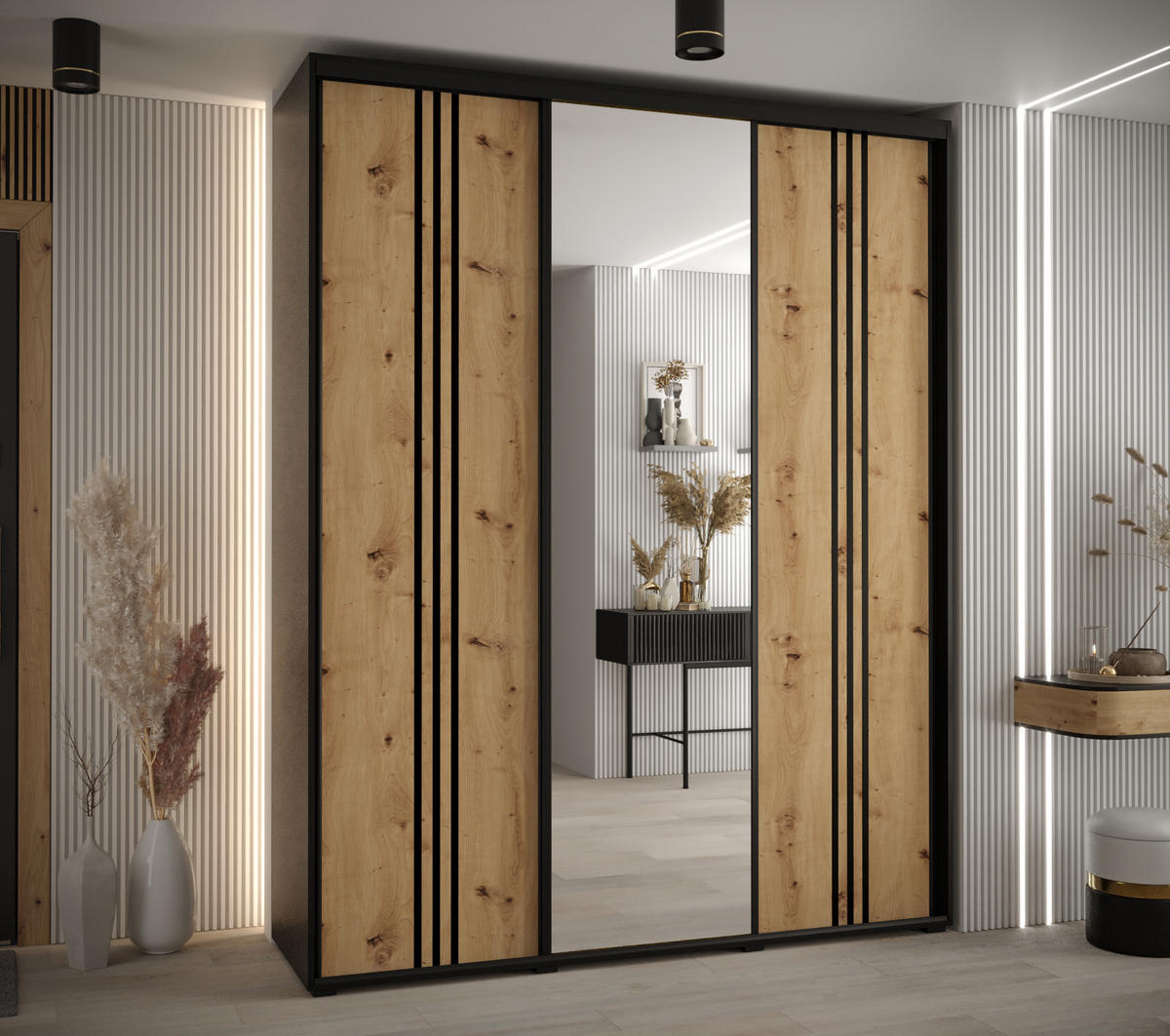 SCHWEBETÜRENSCHRANK 235,2/190/45 3-türig - Schwarz/Eiche Artisan, Holz/Metall (190/235/45cm) - Abiks Möbel